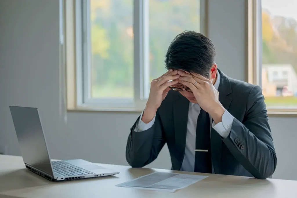 パソコンの前で求人募集について考え込む採用担当者の様子