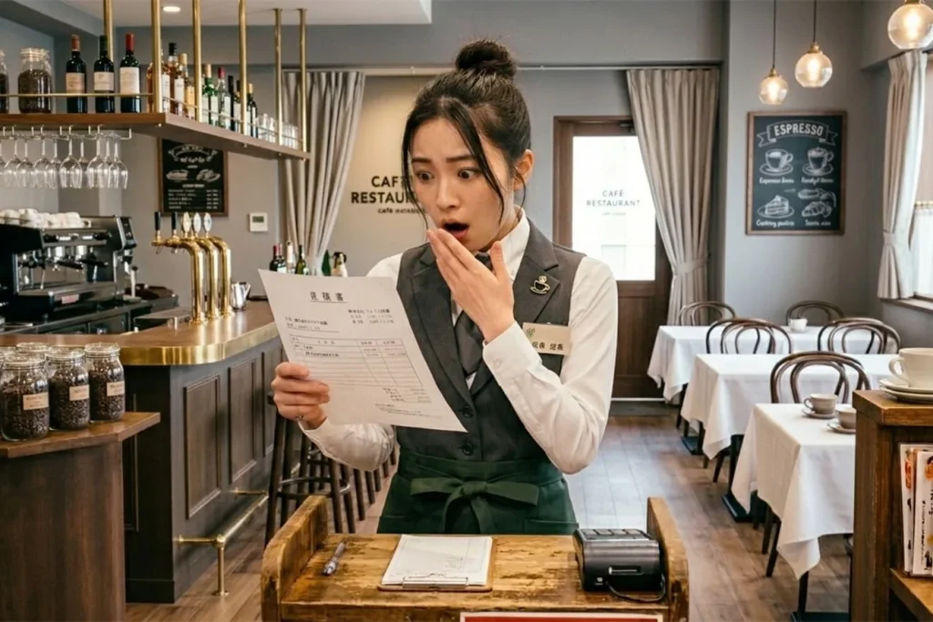 見積金額が高すぎて驚いているレストランの店員