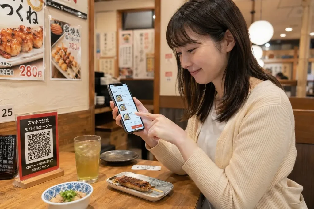 異赤矢でモバイルオーダーをする女性