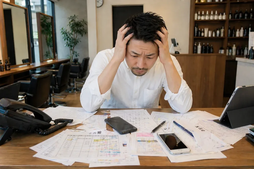 書類やスマートフォンが乱雑された机を見て頭を抱える美容室オーナー
