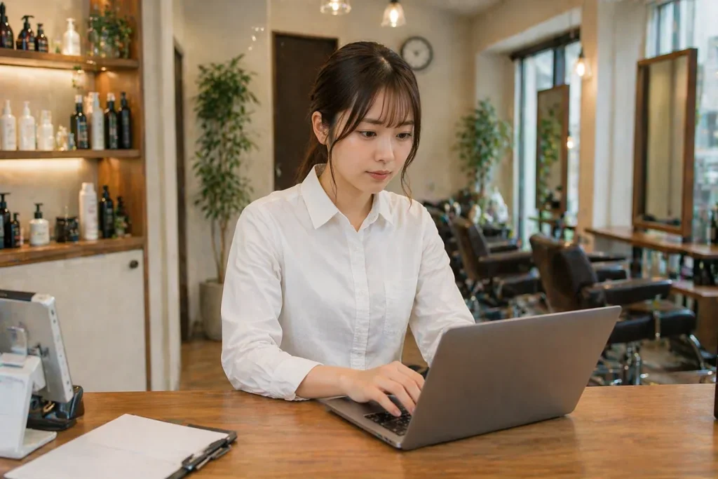 ノートパソコンを操作して予約状況を確認する、美容室の女性店員