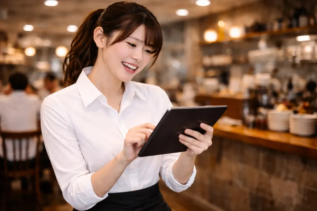 タブレットで注文を請ける女性店員