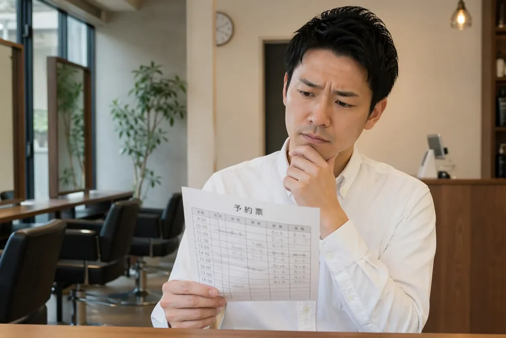 予約表を見て悩んでいる美容室オーナー