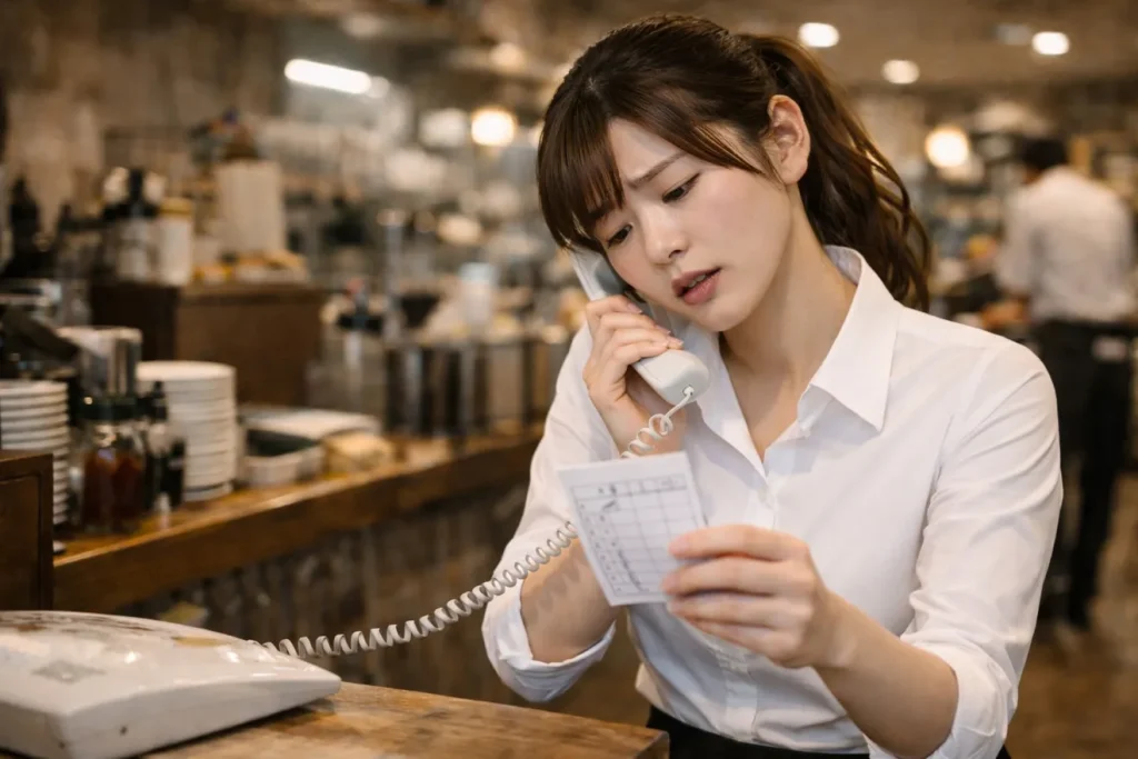 困った顔をしながら電話注文を受けている女性店員