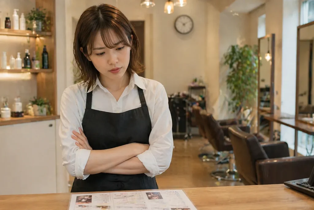 腕組みして、資料を見ている美容室の店員