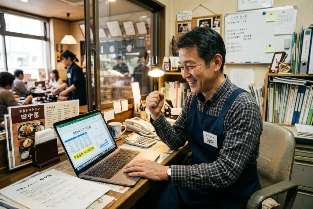 売上が良くてガッツポーズする、飲食店のオーナー