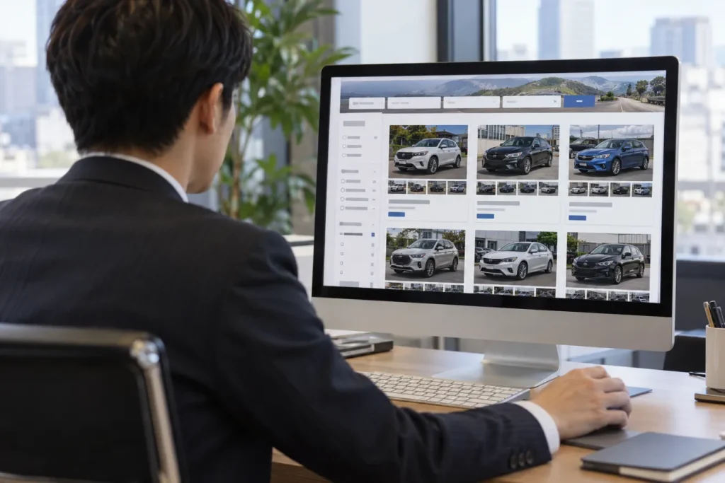 中古車販売サイトのホームページを見るビジネスマン