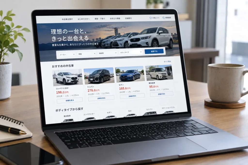 ノートパソコンの画面に映っている中古車販売店のホームページ